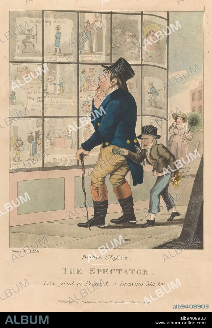 Man in front of a shop window with prints, The Spectator (title on object), Classic English characters (series title), British Classics (series title on object), A man with a hat, a cane and riding boots with spurs stands in front of a shop window with prints. Meanwhile, a boy behind him steals something from his pocket., print maker: anonymous, after design by: Joseph Lisle, (mentioned on object), publisher: Berthoud & Son, (mentioned on object), London, 1828, paper, etching, height 302 mm × width 210 mm.