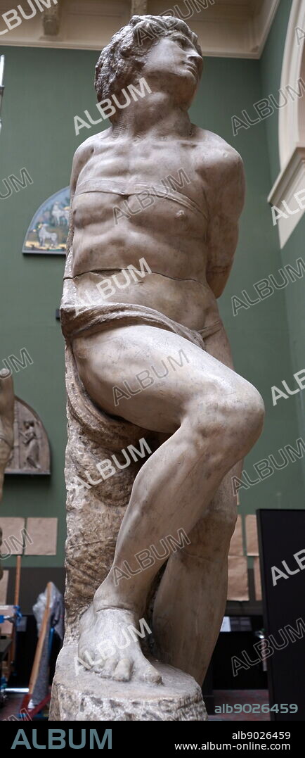 Marble sculpture titled 'The Rebellious Slave' by Michelangelo (1475-1564) an Italian sculptor, painter, architect, poet and engineer of the High Renaissance. Dated 16th Century.