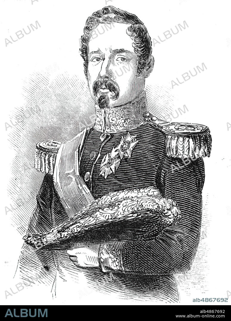 Narvaez, 1844. Portrait of Spanish general and statesman Ramón María Narváez y Campos, 1st Duke of Valencia: '...Minister at War and President of the Council in the present Ministry of Spain; he is, in fact, the Dictator of that country...He has been unscrupulous in the means he has employed to attain his position, and to keep it appears to be perfectly ruthless, shedding blood with a frightful indifference....On the 6th of November, 1843, he was fired at while proceeding in his carriage to the theatre; the assassins missed their aim, but the general was covered with the blood of his aide-de-camp, who was mortally wounded beside him. He has restored Queen Christina, subjugated her daughter, and is now abolishing the Constitution, thus re-establishing in Spain as perfect a despotism as ever existed there'. From "Illustrated London News", 1844, Vol I.