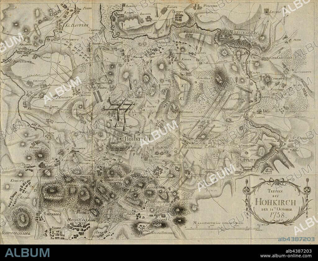 Meet bey Hohkirch on October 14, 1758, Plan for the Battle of Hochkirch on October 14, 1758, signed: Tringham scp, Fig. 5, according to p. 387, Tringham, William (sc.), Georg Friedrich von Tempelhoff, Henry Lloyd: Geschichte des siebenjährigen Krieges in Deutschland zwischen dem Könige von Preussen und der Kaiserin Königin mit ihren Alliirten vom General Lloyd. Als eine Fortsetzung der Geschichte des General Lloyd. Bd. 2. Berlin: gedrukt und verlegt von Johann Friedrich Unger, 1785.