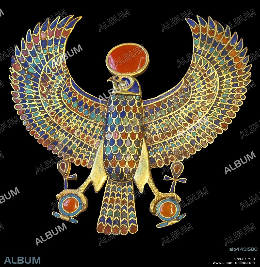 Pectoral jewel, Gold falcon, Tutankhamun's treasure, Museum of Egyptian Antiquities, Cairo, Egypt, Africa.