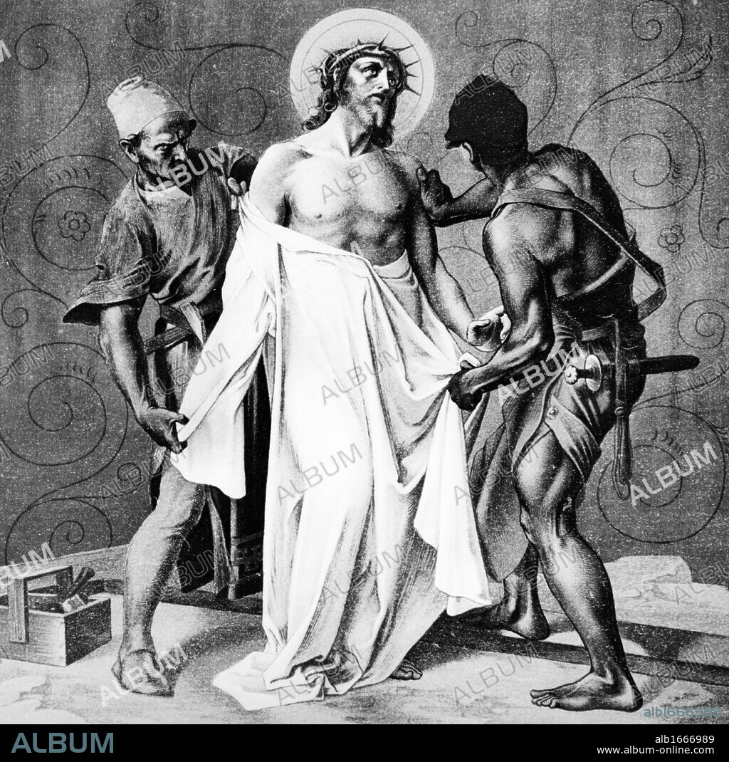 MARTIN FEUERSTEIN. Jesus is Stripped of His Garments (10th station of the Cross) by Martin Ritter von Feuerstein, oil painting, circa 1898, 1856 - 1931, Germany, Munich, Saint Anna Church.