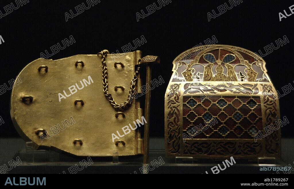 Sutton Hoo Treasure. Royal shoulder-clasps decorated with inlaid gold, enamel and garnet. 7th-8th centuries AD. From Mound 1. Near Woodbridge, Suffolk, England. British Museum. London. England. United Kingdom.