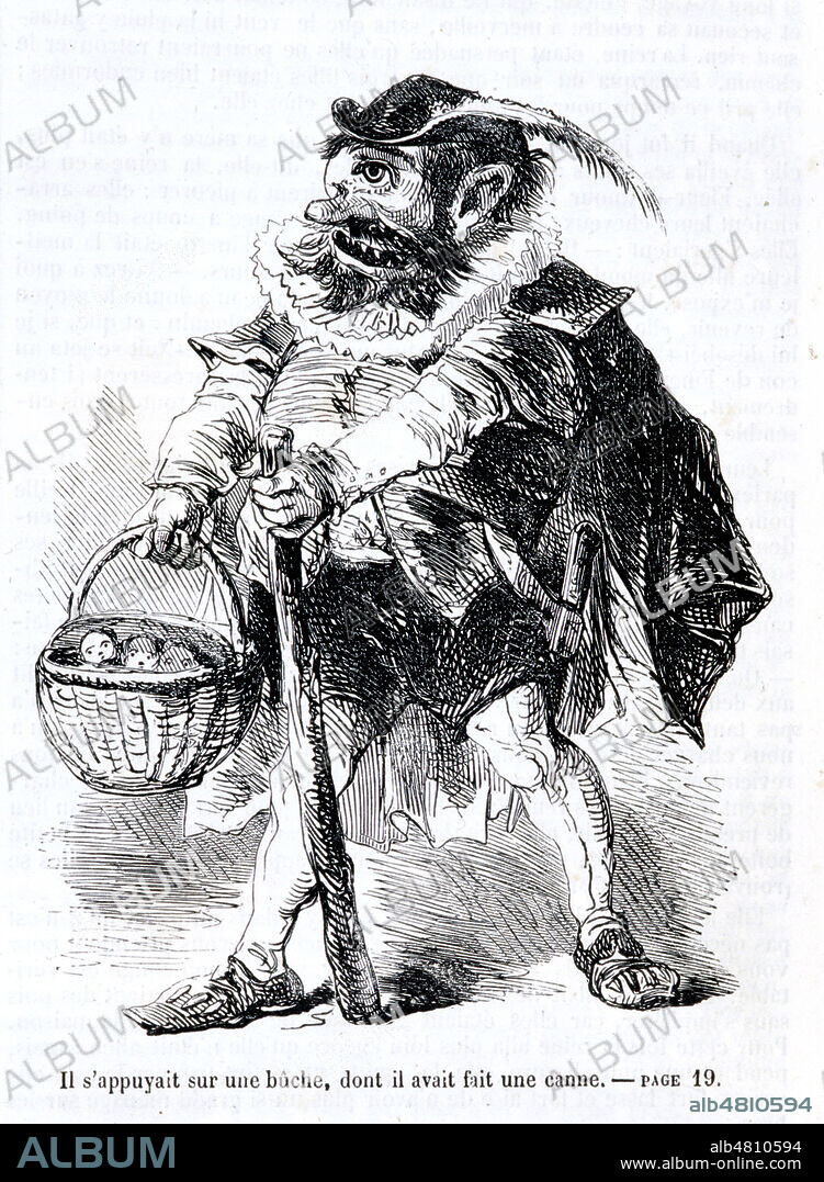 FINETTE CENDRON : (un ogre ) ' Il s'appuyait sur une buche dont il avait fait une canne '. Conte de Mme d'Aulnoy, illustration H. EMY vers 1855 . Credit: Coll. Kharbine-Tapabor.