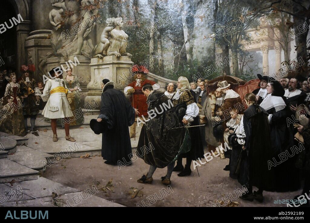 HISTORIA PRUSIA. SIGLO XVII. " El gran elector Federico Guillermo I (1640-1688) da la bienvenida a los refugiados franceses (hugonetas) en Potsdam el 10 noviembre 1685", 1885. Tras la guerra, para seguir una política de repoblación del país, otorga el edicto de tolerancia, llamado de "Postdam", pudiendo los hugonetas franceses establecerse en Prusia. Oleo de Hugo Vogel (1855-1934). Pintor alemán. Galería Nacional de Praga (Stenberg Palace). República Checa.