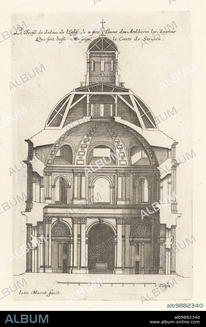 Section of the interior of the Chapelle Notre-Dame-des-Ardilliers, Saumur, built for the Oratorians, Cardinal Richelieu and later diplomat Abel Servien, marquis de Sable. Le Profil du dedans de l'eglise de nostre Dame des Ardilieres les Saumur. Que fait bastir Monseignor le Comte de Servien. Copperplate engraving drawn and engraved by Jean Marot from his Recueil des Plans, Profils et Elevations de Plusieurs Palais, Chasteaux, Eglises, Sepultures, Grotes et Hotels, Collection of Plans, Profiles and Elevations of Palaces, Castles, Churches, Tombs, Grottos and Hotels, chez Mariette, Paris, 1655.