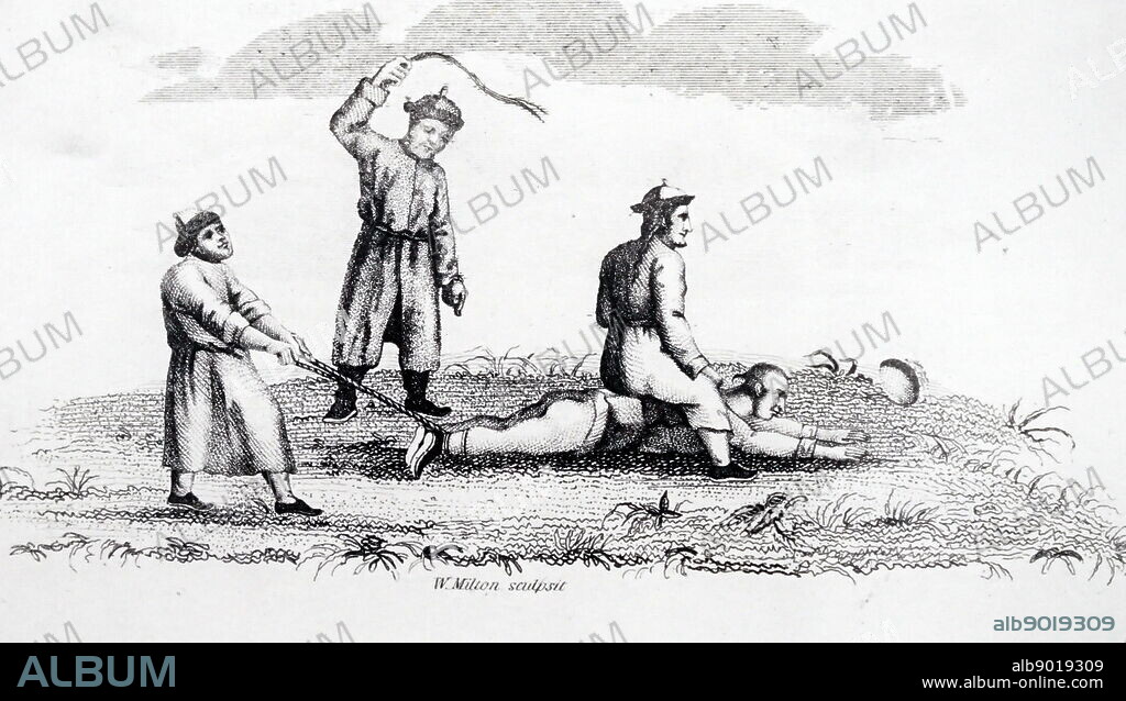 Woodcut print depicting punishment by Bastinado - whipping across the thighs. Dated 19th Century.
