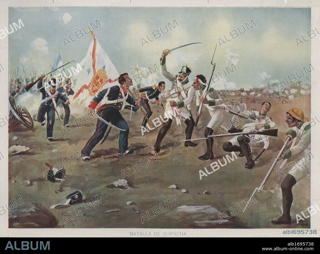 Argentina. Victoria de las tropas charqueñas independentistas contra los realistas en la batalla de Suipacha, del 7 de noviembre de 1810. Dibujo de Franz van Riel, Buenos Aires, 1909.