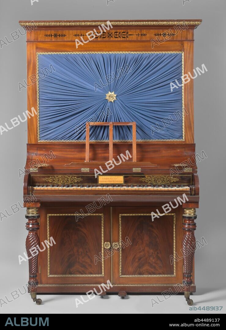 Cabinet piano, Cabinet piano on two screw-shaped legs. Decorations of copper and covered with blue silk. Six octaves, two pedals. SignatureL LOESCHMAN, LONDON., Loeschman, London, c. 1820, wood (plant material), ivory, copper (metal), silk, h 187.0 cm × l 113.0 cm × d 62.0 cm × w 135 kg.