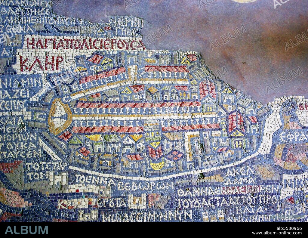 The Madaba Map (also known as the Madaba Mosaic Map) is part of a floor mosaic in the early Byzantine church of Saint George at Madaba, Jordan. The Madaba Map is a map of the Middle East. Part of it contains the oldest surviving original cartographic depiction of the Holy Land and especially Jerusalem. It dates to the 6th century CE.