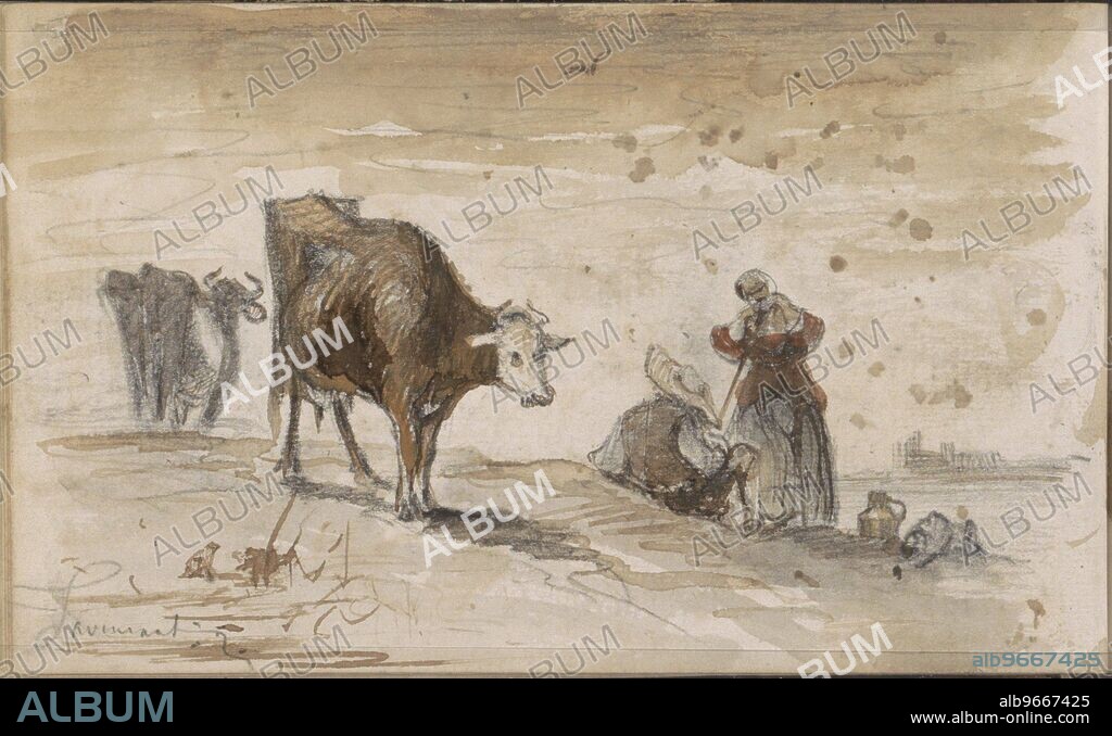JOHANNES TAVENRAAT. Cows and figures on a hill, 1864-1880. The woman may be playing an instrument.