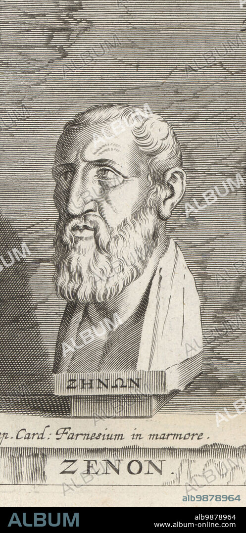 Zeno, Hellenistic philosopher from Citium, Cyprus, c.334-262 BC. Zenon of Kition. Farnesium in marmore. Copperplate engraving after an illustration by Joachim von Sandrart from his LAcademia Todesca, della Architectura, Scultura & Pittura, oder Teutsche Academie, der Edlen Bau- Bild- und Mahlerey-Kunste, German Academy of Architecture, Sculpture and Painting, Jacob von Sandrart, Nuremberg, 1675.