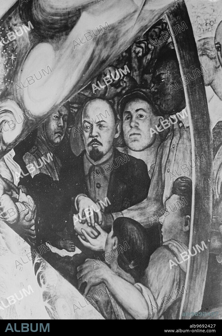 Mexican mural artist dismissed from work at Rockefeller building in New York after painting communist fresco . A mural showing Lenin joining the hands of a soldier and a white coloured worker painted by Senor Diego Rivera , the Mexican artist , has led to his dismissal from further work at the great Rockfeller Centre in New York . Members of Mr John D Rockefeller ' s family took exception to the painting and an ultimatum was delivered to Senor Rivera , which insisted that he must change the fresco or cease work . So far the artist , who is said to have pronounced Communist leanings , has refused to alter his work and Mr Nelson Rockfeller , grandson of the oil magnate , has ordered the fresco to be covered . Following the incident work which Senor Rivera was executing for a motor company in connection with the Chicago World Fair has been cancelled . Photoshows ; A close - up of the offending part of the mural by Senor Diego Rivera . 17 May 1933.