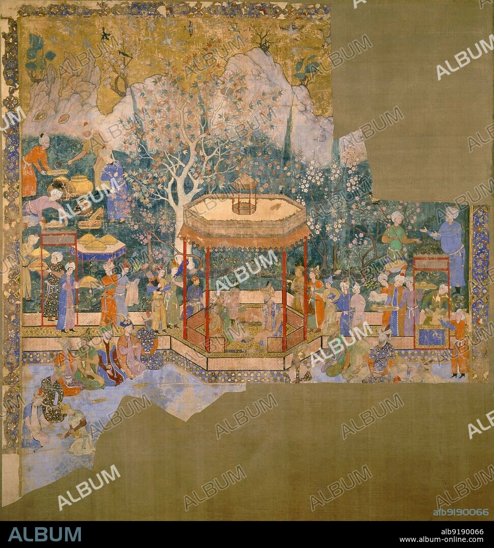 India: 'Humayun's Garden Party / The Princes of the House of Timur'. Gouache and gold on cotton painting by Mir Sayyid 'Ali (1510-1572), c. 1550-1555.<br/><br/>. The earliest known example of a Mughal painting, it portrays a ruler seated in a garden pavilion and wearing Central Asian dress. He is flanked by two servants and is conversing with a visitor. Surrounding him are courtiers and nobles and servants. The missing foreground probably depicted court entertainers. The central figure is believed to be Humayun (1508-56), the second Mughal Emperor, while many of the heads were repainted to depict later Mughal rulers, such as Akbar, Jahangir and Shah Jahan, creating a genealogical scene.