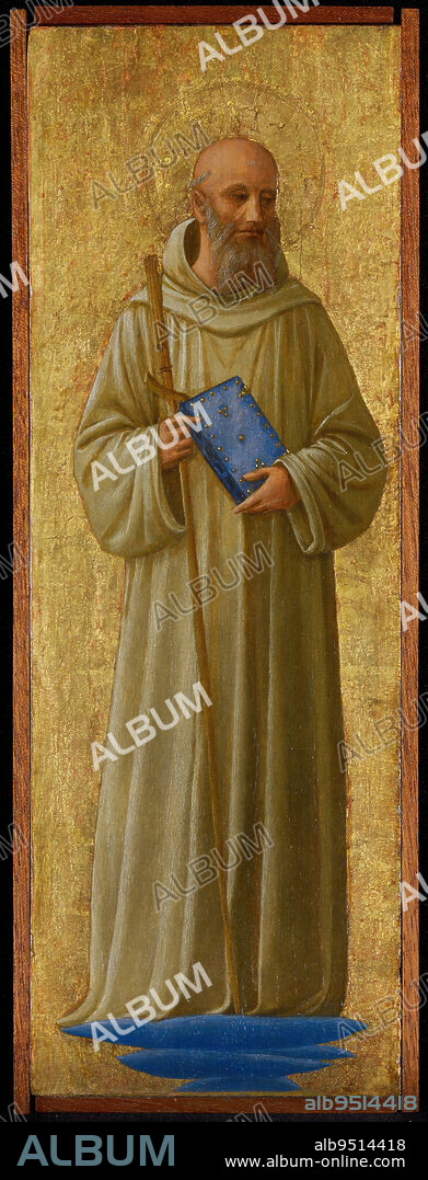 Saint Romuald, c. 1440, Fra Angelico (Fra Giovanni da Fiesole), Italian, (Florence), 1395/1400 - 1455, 15 15/16 x 5 1/4 x 5/8 in. (40.48 x 13.34 x 1.59 cm) (panel)15 1/4 x 5 7/16 in. (38.74 x 13.81 cm) (sight)19 x 9 x 1 3/8 in. (48.26 x 22.86 x 3.49 cm) (outer frame), Tempera on panel, Italy, 15th century, Saint Romuald, born in 950, founded a strict order of monks who valued austerity and meditation. His white robe shows that his order was related to the better-known Benedictines, and his book and staff, made from reeds, speak to his wisdom and commitment to living simply. The fine details of his expression and subtle shadows on his robe are hallmarks of the painter Fra Angelico, who was himself a devout friar.