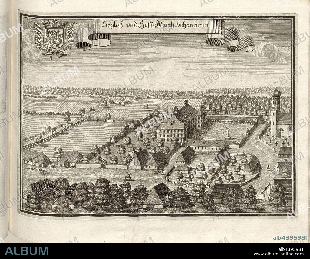 Castle and Hoff-March Schönbrunn, Schloss and Hofmark Schönbrunn in Röhrmoos-Schönbrunn in Bavaria (Germany), Fig. 96, p. 48, Wening, Michael (del. et sc.), 1701, Michael Wening: Historico-topographica descriptio. Das ist: Beschreibung, dess Churfürsten- und Hertzogthumbs Ober- und Nidern Bayrn, welches in vier Theil oder Rennt-Aembter, als Oberlands München und Burgkhausen, Underlands aber in Landshuet unnd Straubing abgetheilt ist [...]. Thail 1. München: bey Johann Lucas Straub, gem: lobl. Landtschafft Buchtruckern, anno M.DCCI. [1701].