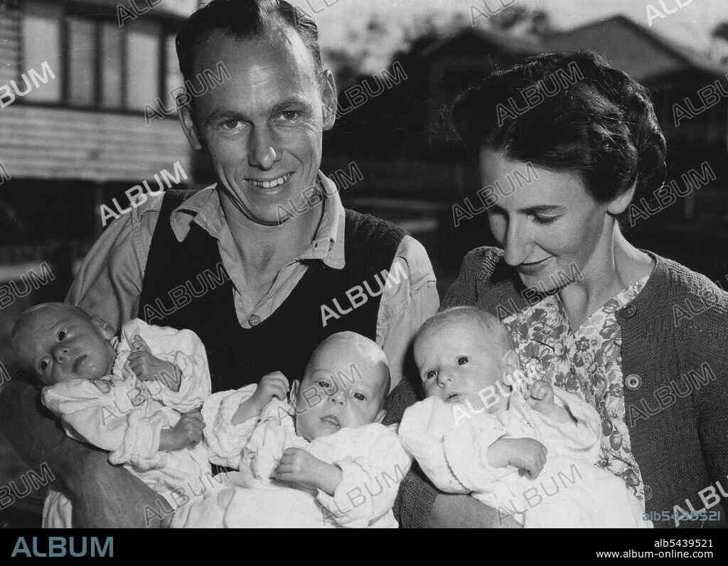 Brisbane Triplets Home - The Holdsworth triplets are home at last. The babies (left to right) John Clement, Brian Reginald, and Margaret Anne, were born in the Women's Intermediate Hospital on February 23, but were not allowed to go home until they weighed 71b. Holding them are their parents, Mr. and Mrs. R. Holdsworth, of Taylor Road, Petrie.The children are Brisbane's eight set of triplets ***** the opening of the Women's Intermediate Hospital. May 15, 1951.They were born prematurely on Februa.