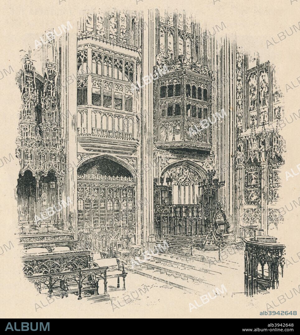 'Choir Stalls and Royal Closet, St. George's Chapel', 1895. From The Governor's Guide to Windsor Castle, by the Most Noble The Marquis of Lorne, K.T. [Cassell and Company, Limited, London, 1895].