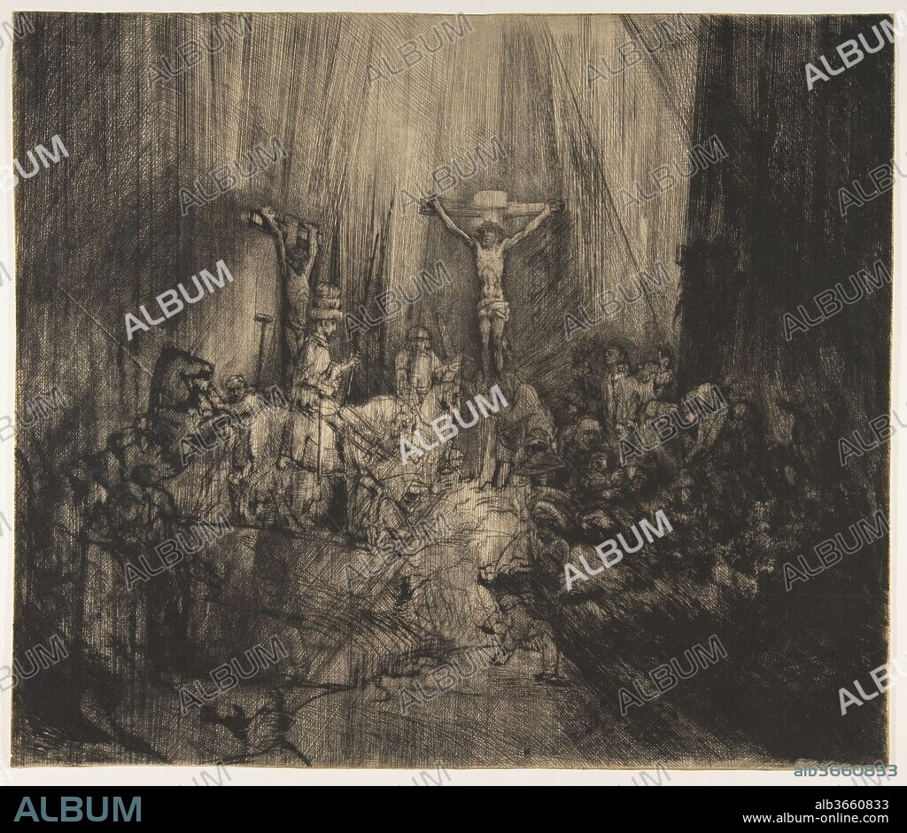 Christ Crucified between the Two Thieves:  The Three Crosses. Artist: Rembrandt (Rembrandt van Rijn) (Dutch, Leiden 1606-1669 Amsterdam). Dimensions: Sheet: 15 1/16 x 17 1/2 in. (38.2 x 44.4 cm). Date: ca. 1660.
In the fourth state of this print, Rembrandt completely transformed the plate by scraping away large portions of the original composition (see also the second state, 41.1.31), some of which are still visible underneath the hatching. He covered the sky with strong parallel lines that veil the remaining figures on both sides, and he redrew Christ's face to show his mouth open and his eyes half-closed. These changes actually alter the subject of the print: instead of showing the centurion's conversion after Christ's death, the image now focuses on the figure of Christ in the final moments of life, as he cries, "My God, my God, why hast thou forsaken me?" (Matthew 27:46).