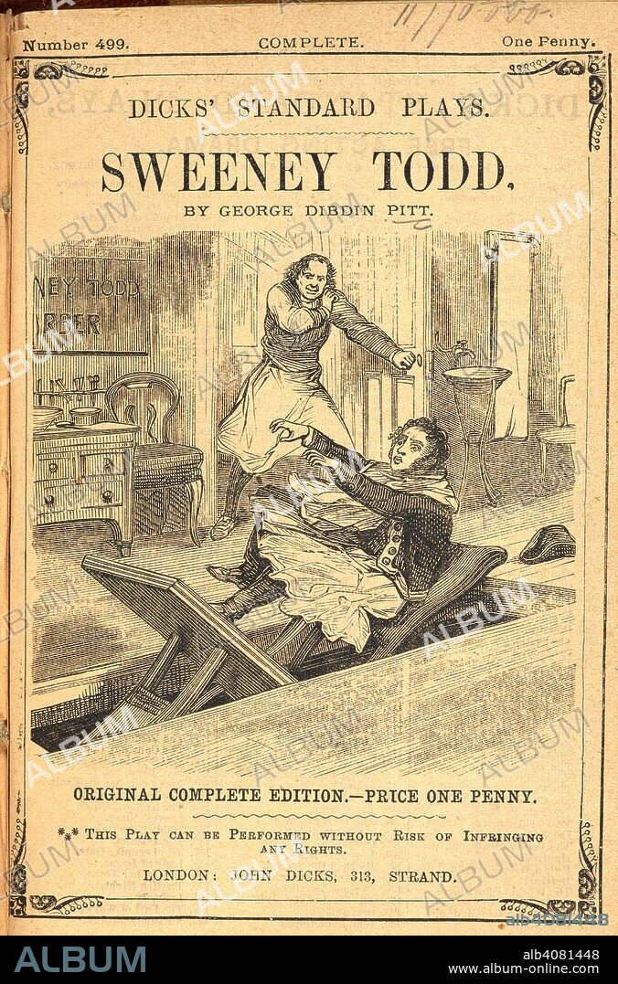 GEORGE DIBDIN PITT. Sweeny Todd with one of his victims sitting in the barber's chair. Illustration for a play. Sweeney Todd, the Barber of Fleet Street; or, the String of pearls A legendary drama, in two acts, etc. [Dicks' Standard Plays. no. 499.]. London, [1883.]. Source: 11770.bbb.4 title page.