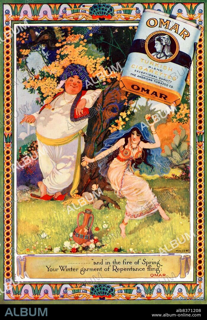In the early 1900s, manufacturers of Turkish and Egyptian cigarettes tripled their sales and became legitimate competitors to leading brands. In 1911, The American Tobacco Company introduced Omar, a premium Turkish blend cigarette, in order to compete with other leading Turkish brands like Murad.<br/><br/>. The cigarette was named after the medieval Persian poet Omar Khayyam, who experienced a resurgence of popularity from 1900-1930. Advertisements for Omar cigarettes referenced Khayyam's famous poem, The Rubaiyat , and focused on themes of pleasure, leisure, and luxury.