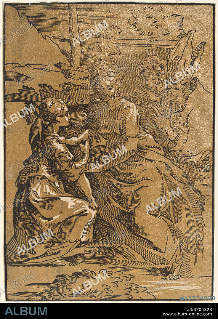 ANTONIO DA TRENTO AFTER PARMIGIANINO. The Holy Family with Two Saints. Dimensions: sheet: 31.2 x 21.8 cm (12 5/16 x 8 9/16 in.). Medium: chiaroscuro woodcut printed from two blocks: black line block and yellow-brown tone block.