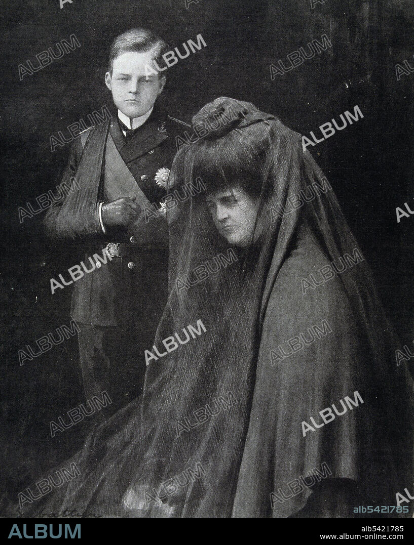 LOUIS REMY SABATTIER (1863 1935). MANUEL II. REY DE PORTUGAL . 1889 - 1932. " JUNTO A SU MADRE , LA REINA AMELIA , TRAS EL ASESINATO DE SU PADRE CARLOS I " , AÑO 1908. GRABADO DE L' ILLUSTRATION.