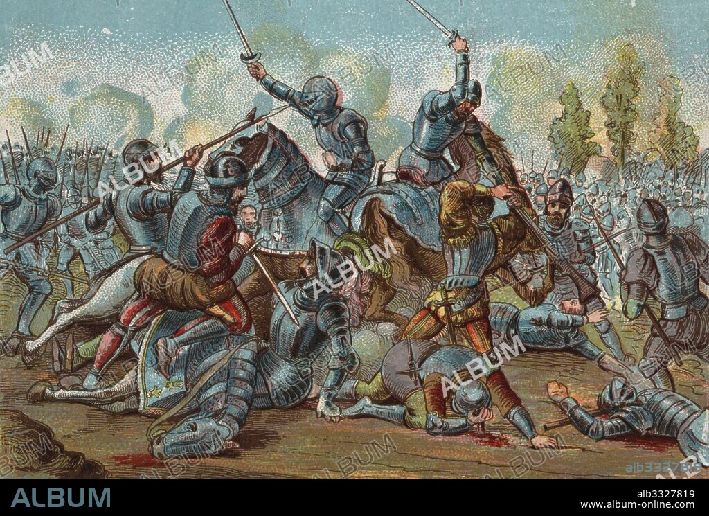 Historia de España. Batalla de Pavía en febrero de 1525, en la que el rey de Francia Francisco I (1494-1547) cae prisionero ante las tropas germano-españolas del emperador Carlos V (1500-1558).