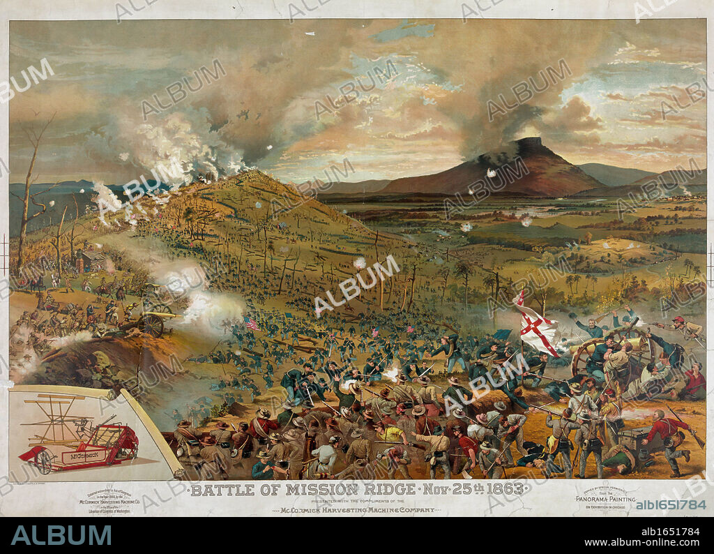 American Civil War 1861-1865. Chattanooga Campaign: Battle of Missionary Ridge, 25 November 1863. Union forces under Grant defeated Confederate army under Bragg. Print sponsored by McCormick Harvesting Co., 1886.