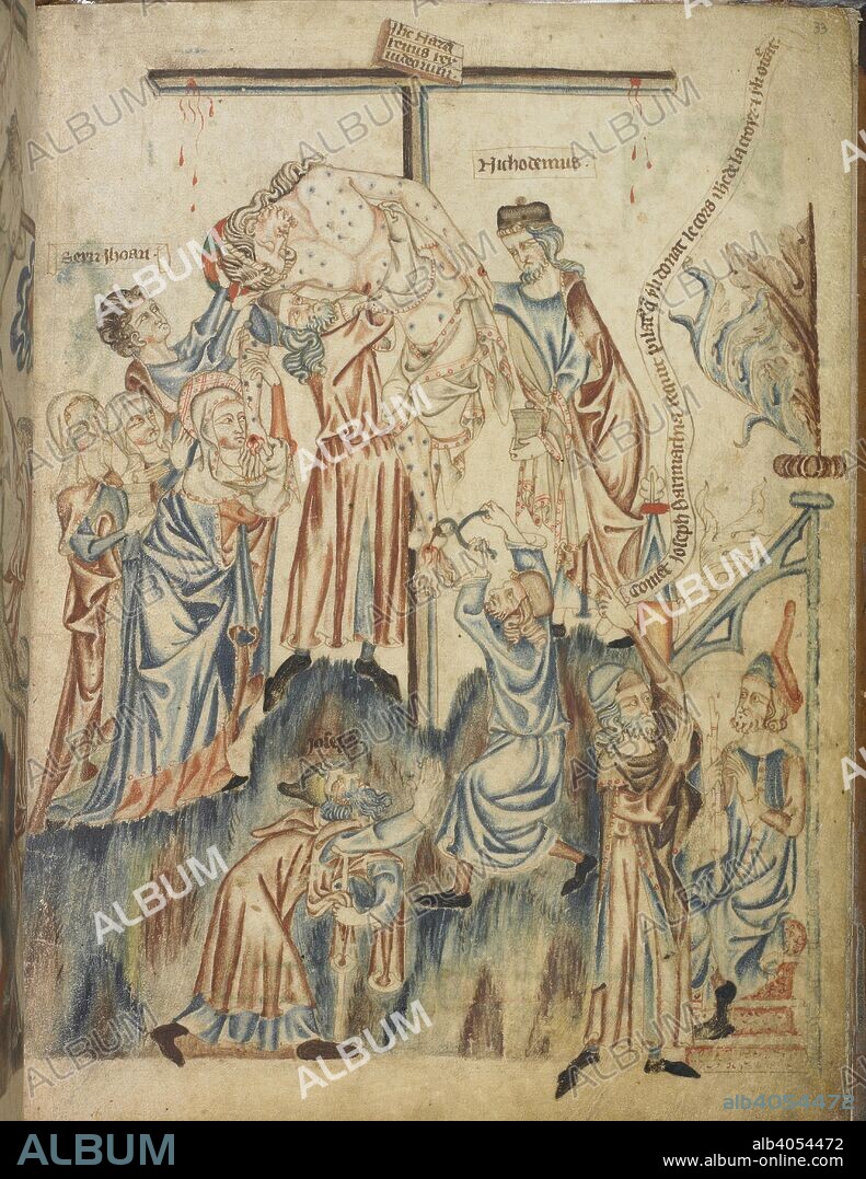 The Deposition: Christ is taken down from the cross by Nicodemus, St John and the women; St Joseph lamenting; Joseph of Arimathea asking Pilate for permission to bury Christ. Holkham Bible Picture Book. England, circa 1320-1330. Source: Add. 47682, f.33.