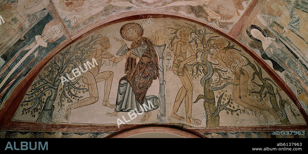 ANÓNIMO. CREACION DE ADAN Y EVA - ARCO DE INGRESO - PINTURA MURAL DE LA ERMITA DE LA VERA CRUZ DE MADERUELO - SIGLO XII - ROMANICO ESPAÑOL.