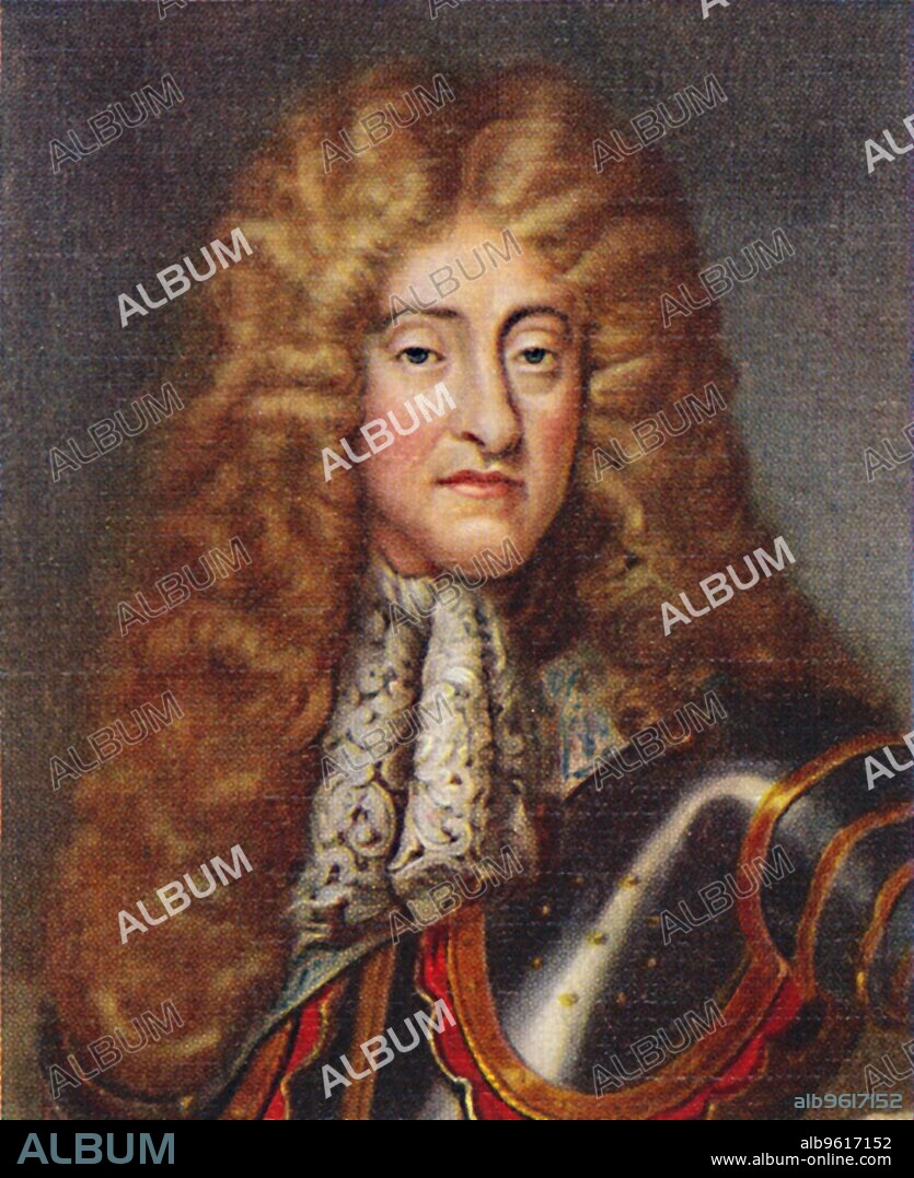 'James II', 1935. King James II of England and VII of Scotland (1633-1701) became King of England, King of Scots, and King of Ireland from 6 February 1685. He was the last Roman Catholic monarch to reign over the Kingdom of England, Kingdom of Scotland, and Kingdom of Ireland.  From Kings & Queens of England - A Series of 50. [John Player & Sons, London, 1935].