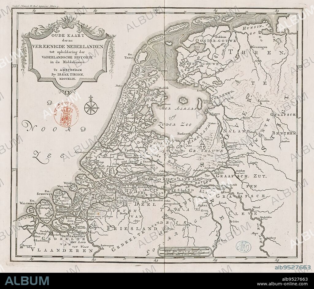 Historical map of Holland in the Middle Ages, Old map of the now united Netherlands to elucidate patriotic history in the Middle Ages (title on object), Eighteenth-century map of Holland in the Middle Ages. Title cartouche to the left. Right scale bar: German mylen of 15 in a degree, Dutch mylen or hours gaans. Degree divisions along edges., print maker: anonymous, publisher: Isaak Tirion, (mentioned on object), Amsterdam, 1749, paper, engraving, height 289 mm × width 329 mm.