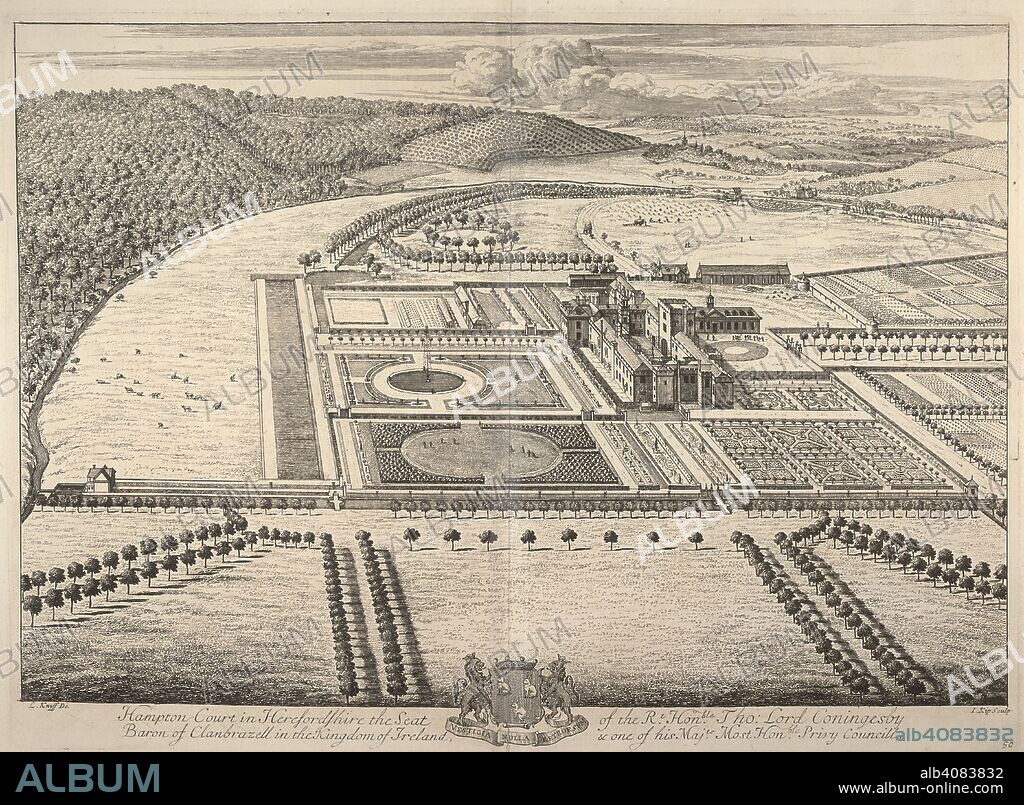 LEONARD KNYFF and JOANNES KIP. A bird's-eye view of Hampton Court in Hope under Dinmore, Herefordshire; the house at the centre of the scene; formal gardens in front and to the left; deer to the left; trees throughout the scene. Hampton Court in Herefordshire the Seat of the Rt Honble Tho: Lord Coningesby Baron of Clanbrazell in the Kingdom of Ireland, & one of his Majts Most Honble Privy Councill. [London] : [David Mortier], [1720]. Source: 191.g.15,16. Language: English.