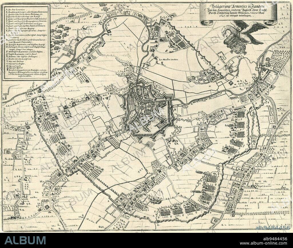 The siege of Armentieres in Flanders by the Spanish led by Archduke Leopold William, forced to surrender on May 30, 1647 German map of the siege with the immediate area showing the positions of the besieging armies On the left the legend A-X, on the right in a cartouche the title, Siege of Armentieres, 1647 Belgerung Armentirs in Flandern Von den Spanischen underm Begleitt Ihrer Hochf Durchl Ertzhertzog Leopold Wilhelmen, den 30 May 1647 zur ubergab bezwungen , print maker: anonymous, Germany, 1647, paper, etching, h 339 mm × w 387 mm.