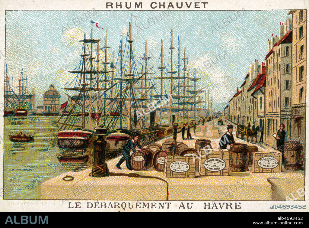 'Rhum Chauvet : le debarquement au Havre'. Chromo publicitaire vers 1890. Illustration anonyme. Credit : Collection IM/KHARBINE-TAPABOR.