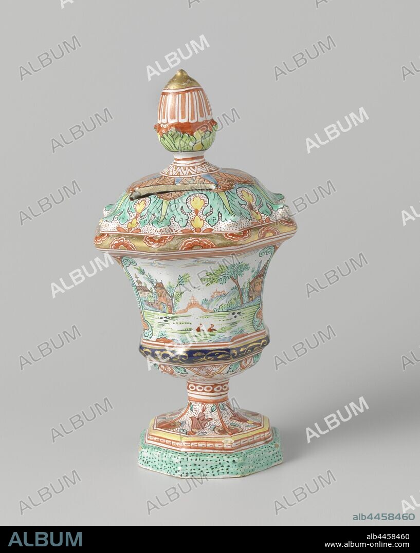 Savings pot Money box, Money box in the shape of a vase multi-colored with a water landscape, ornaments, art, landscapes in the temperate zone, anonymous, Delft, c. 1750 - c. 1780, h 18 cm.