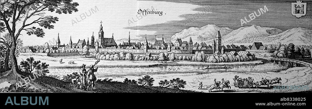 Offenburg im Mittelalter, Baden-Wºrttemberg, Deutschland / Offenburg in the Middle Ages, Baden-Wºrttemberg, Germany, historical, digital improved reproduction of an original from the 18th century / digital restaurierte Reproduktion einer Originalvorlage aus dem 18. Jahrhundert, genaues Originaldatum nicht bekannt.