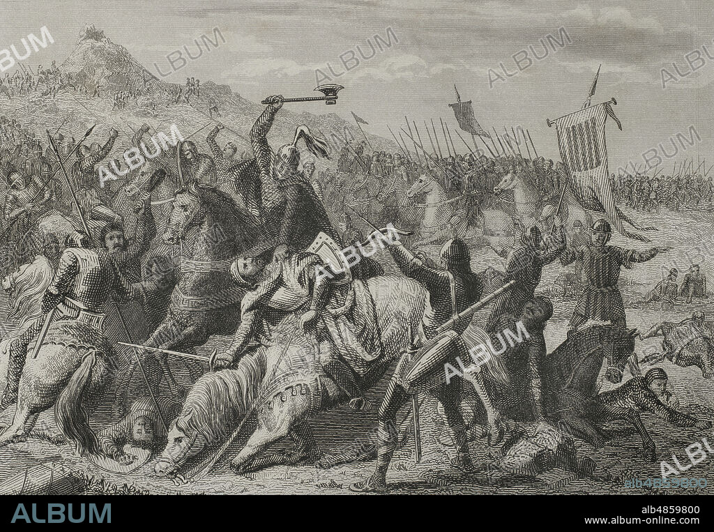 Cruzada Albigense contra los herejes cátaros. Batalla de Muret. 12 de septiembre de 1213. Enfrentamiento entre Pedro II de Aragón, muerto en la batalla, sus vasallos y aliados Raimundo VI de Tolosa, Bernardo IV de Cominges y Raimundo Roger de Foix, contra las tropas cruzadas y las de Felipe II de Francia lideradas por Simón de Montfort. Dibujo por Urrabieta. Grabado por Roca. Historia de Cataluña y de la Corona de Aragón, por Victor Balaguer. Tomo II. Barcelona,1861.