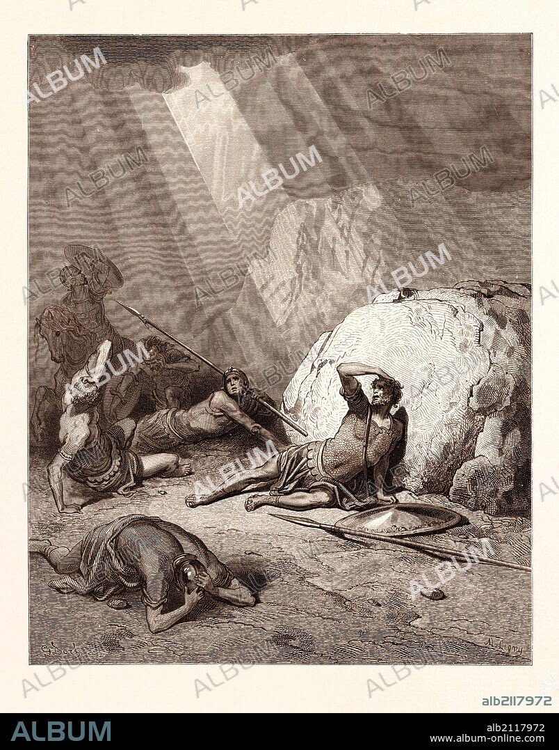 THE CONVERSION OF SAINT PAUL, ACTS 9:1-6 BY GUSTAVE DORÉ, engraved by Ligny. 1866. Dore, 1832 - 1883, French. Art, Artist, romanticism, colour, color engraving.