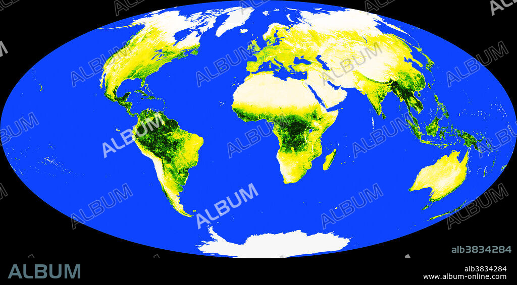 Map of the world with the approximate areas covered by tropical rainforests shaded dark green.