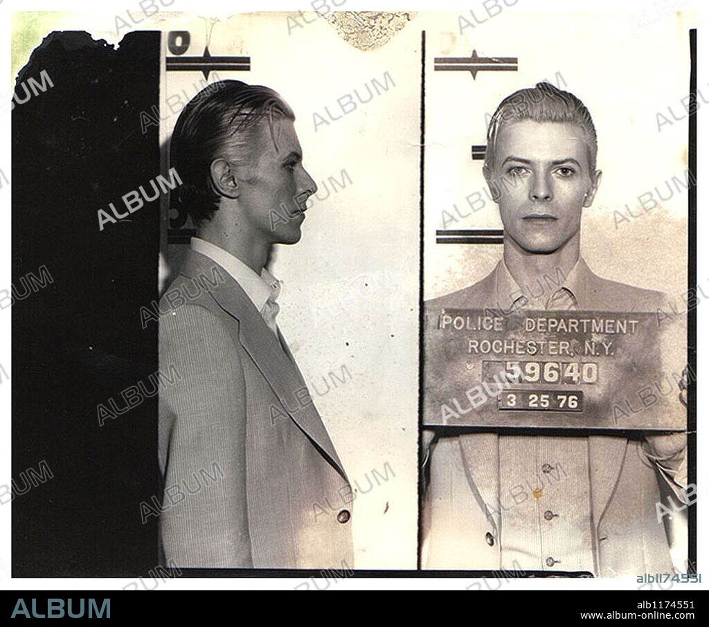 Mar 18, 1976 - Rochester, New York, USA - Music legend DAVID BOWIE was arrested in upstate New York in Mar. 1976 on a felony pot possession charge. The Thin White Duke, 29 at the time, was nabbed along with Iggy Pop and two other codefendants at a Rochester hotel following a concert. Bowie was held in the Monroe County Jail for a few hours before being released. The below Rochester Police Department mug shot was taken three days after Bowie's arrest, when the performer appeared at City Court for arraignment. 18/03/1976