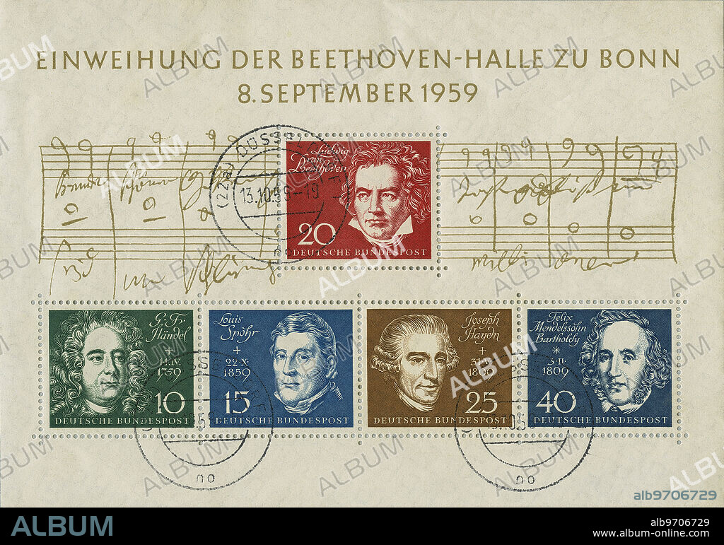 Inauguration of Beethoven Hall, Bonn, West Germany, Commemorative Stamps Sheet for Opening Concert, September 8, 1959.