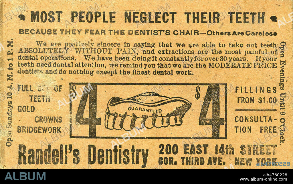 'La plupart des gens negligent leurs dents'. Publicite americaine vers 1910 pour un dentiste new-yorkais. Illustration anonyme. Credit : Collection IM/KHARBINE-TAPABOR.
