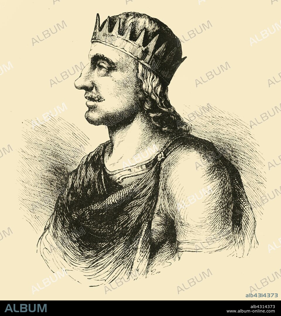 'Egbert, King of England', (771/775- 839), 1890. Ecgberht, King of Wessex (771/775- 839) reigned from 802 until his death in 839. From "Cassell's Illustrated Universal History, Vol. III - The Middle Ages", by Edmund Ollier. [Cassell and Company, Limited, London, Paris and Melbourne, 1890. ].