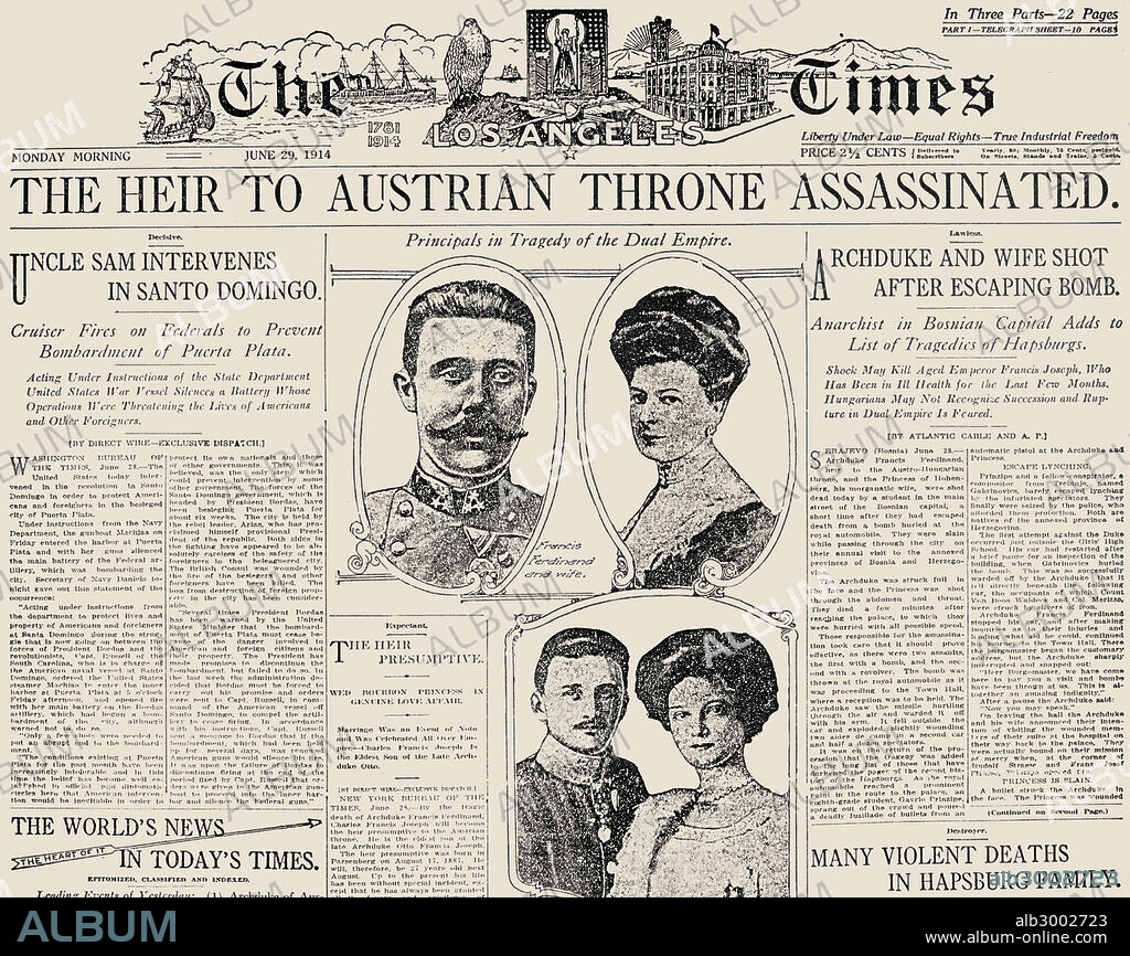 FERDINAND ASSASSINATION.The front page of 'The Los Angeles Times' on the day following the assassination of Archduke Franz Ferdinand and his wife, Archduchess Sophie, at Sarajevo, Bosnia, on 28 June 1914.