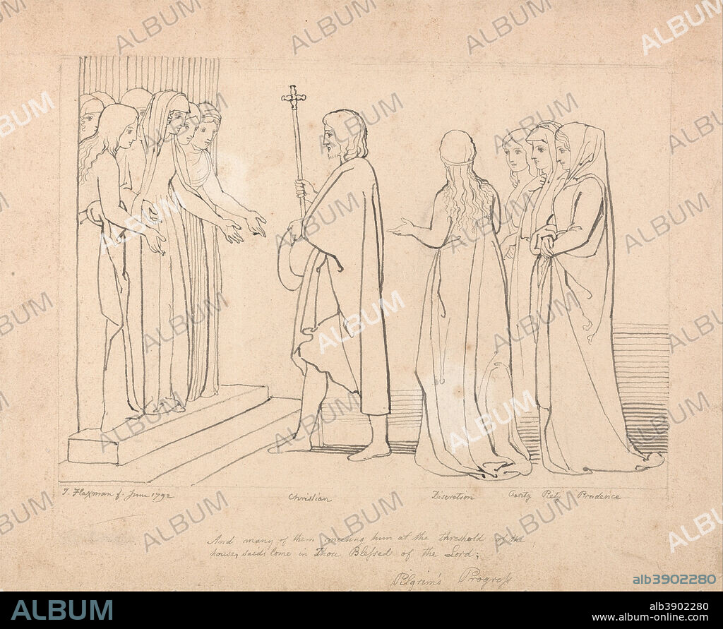 JOHN FLAXMAN. Illustration to Pilgrim's Progress. Date/Period: 1792. Drawing. Black ink on medium, slightly textured, cream wove paper. Height: 222 mm (8.74 in); Width: 273 mm (10.74 in).
