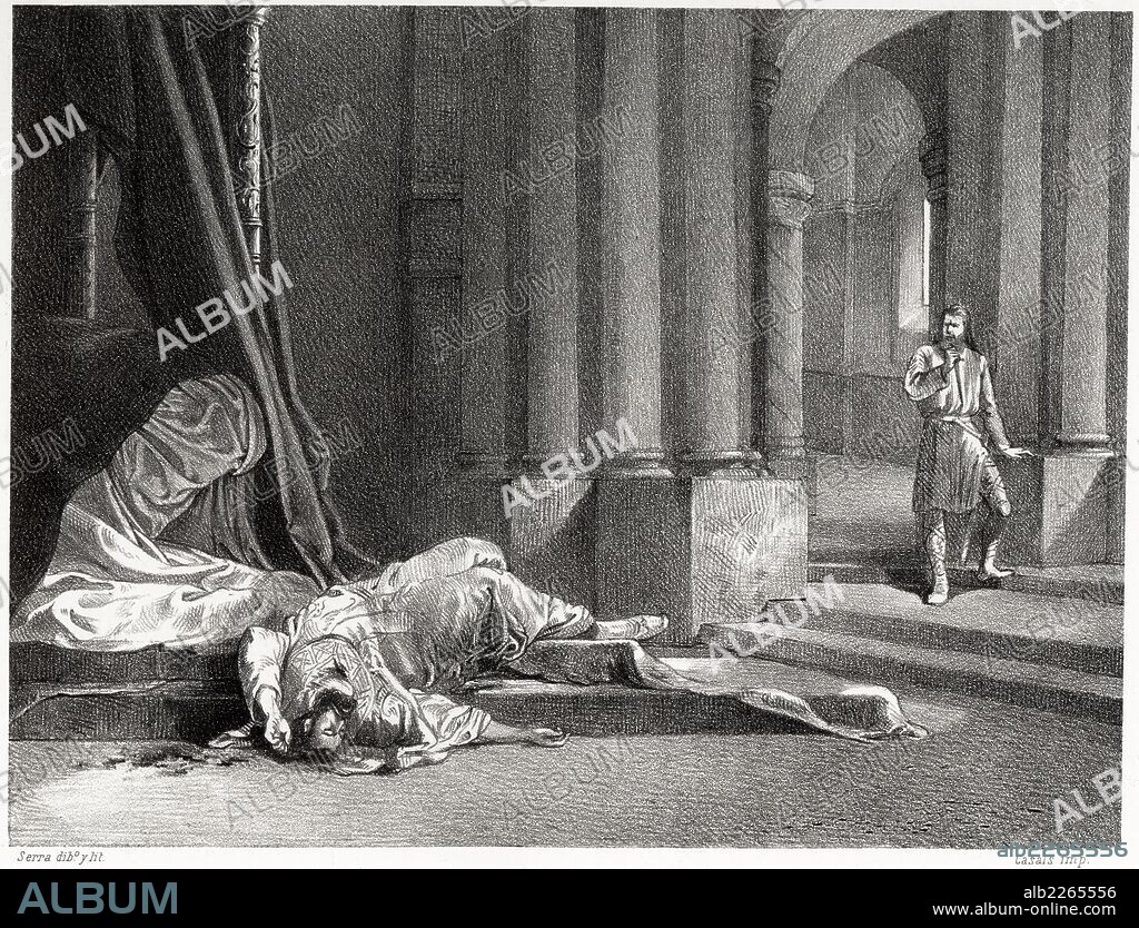 Historia de España. Asesinato de Vimarano, hijo de Alfonso I de Asturias, por su hermano Fruela en el año 756. Grabado de 1872.