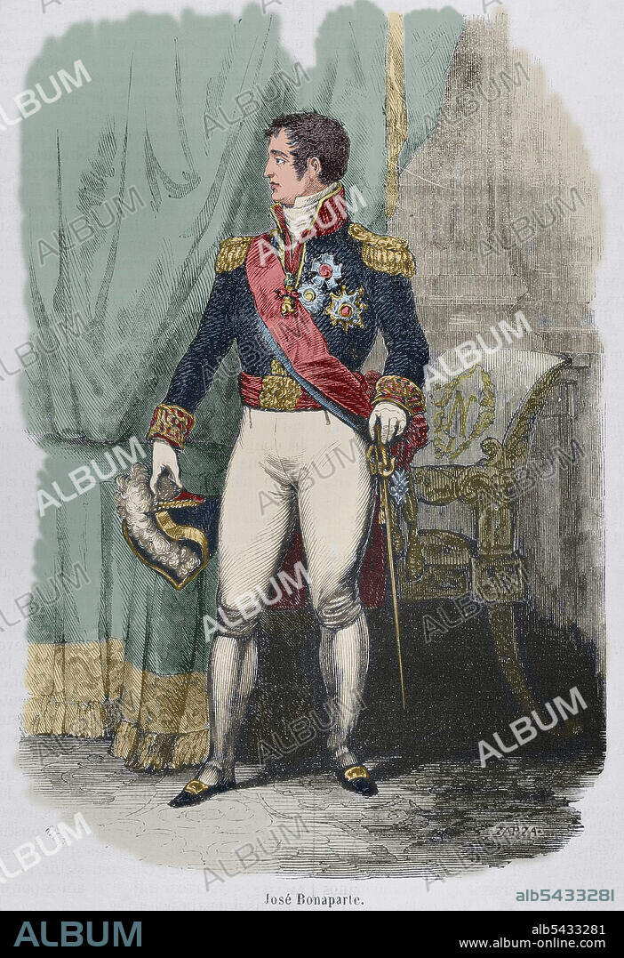 EUSEBIO ZARZA (1842-1881). SPANISH ARTIST. BERNARDO RICO (1825-1894). SPANISH PAINTER AND ENGRAVER.. José I Bonaparte (1768-1844). Rey de Nápoles (1806-1808) y de España (1808-1813). Hermano mayor de Napoleón I, quien le concedió el trono español, provocando el alzamiento del 2 de mayo de 1808. Ilustracion por Zarza. Grabado por Rico. Coloreado. Historia General de España por el Padre Mariana. Madrid, 1853.