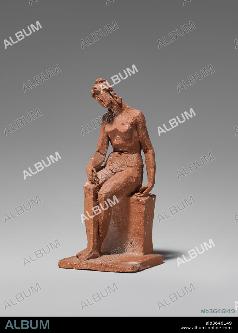 JACQUES-EDMÉ DUMONT. Figural study of a female nude seated. Artist: Jacques-Edmé Dumont (Paris 1761-1844). Culture: French. Dimensions: Height: between 3 and 5 cm.. Date: late 18th-early 19th century.
Jacques-Edmé Dumont was a highly accomplished Neoclassical miniaturist. His family, a dynasty of sculptors, preserved a great many of these captivating little terracottas (see 2015.378-.382a, b). This figural study shows how Dumont expertly wielded a flat-sided stick to carve the clay along rectangular planes.
